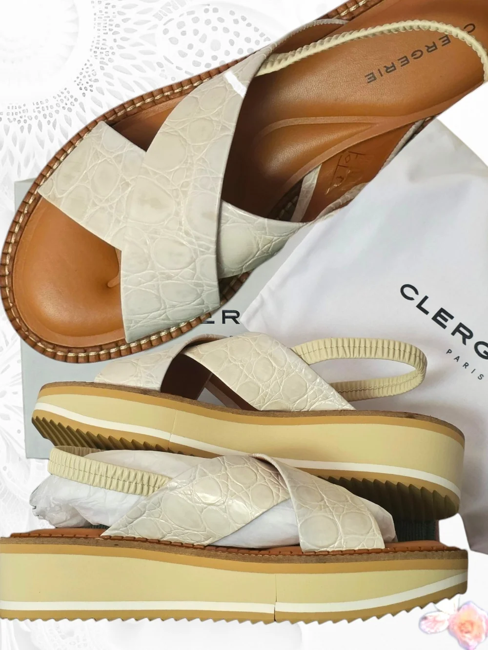 NIB Robert Clergerie Freedoc V.Maxi 9583 Croc‑Embossed Slingback Sandals – Straw